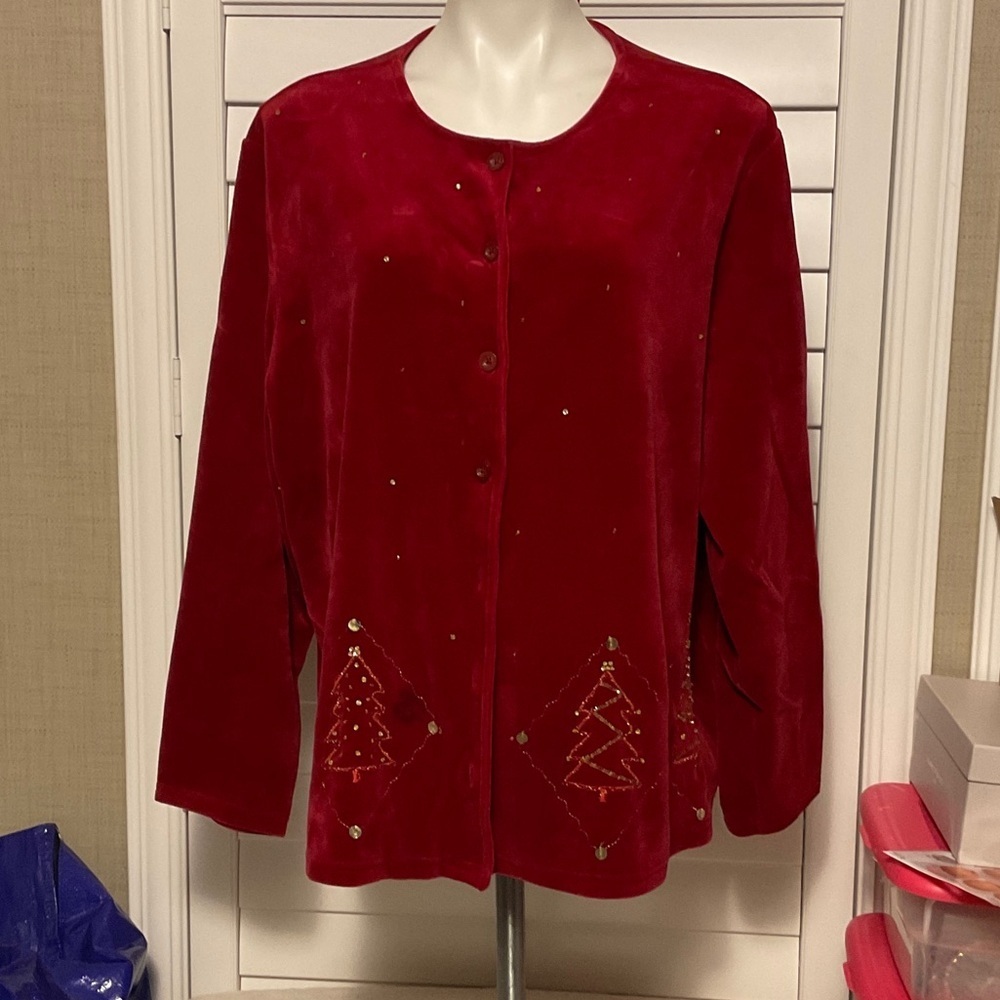 Festive Red Velvet Women's Blazer with Tree Accents